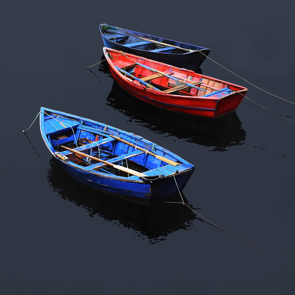 blue, red, and black skiffs