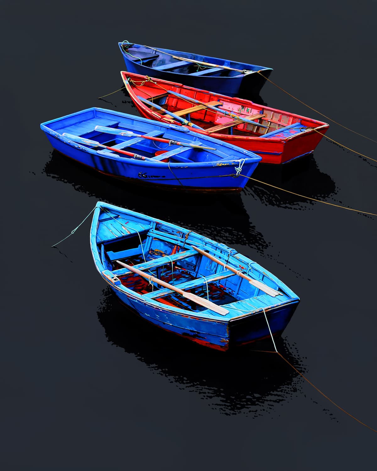 four wooden skiffs