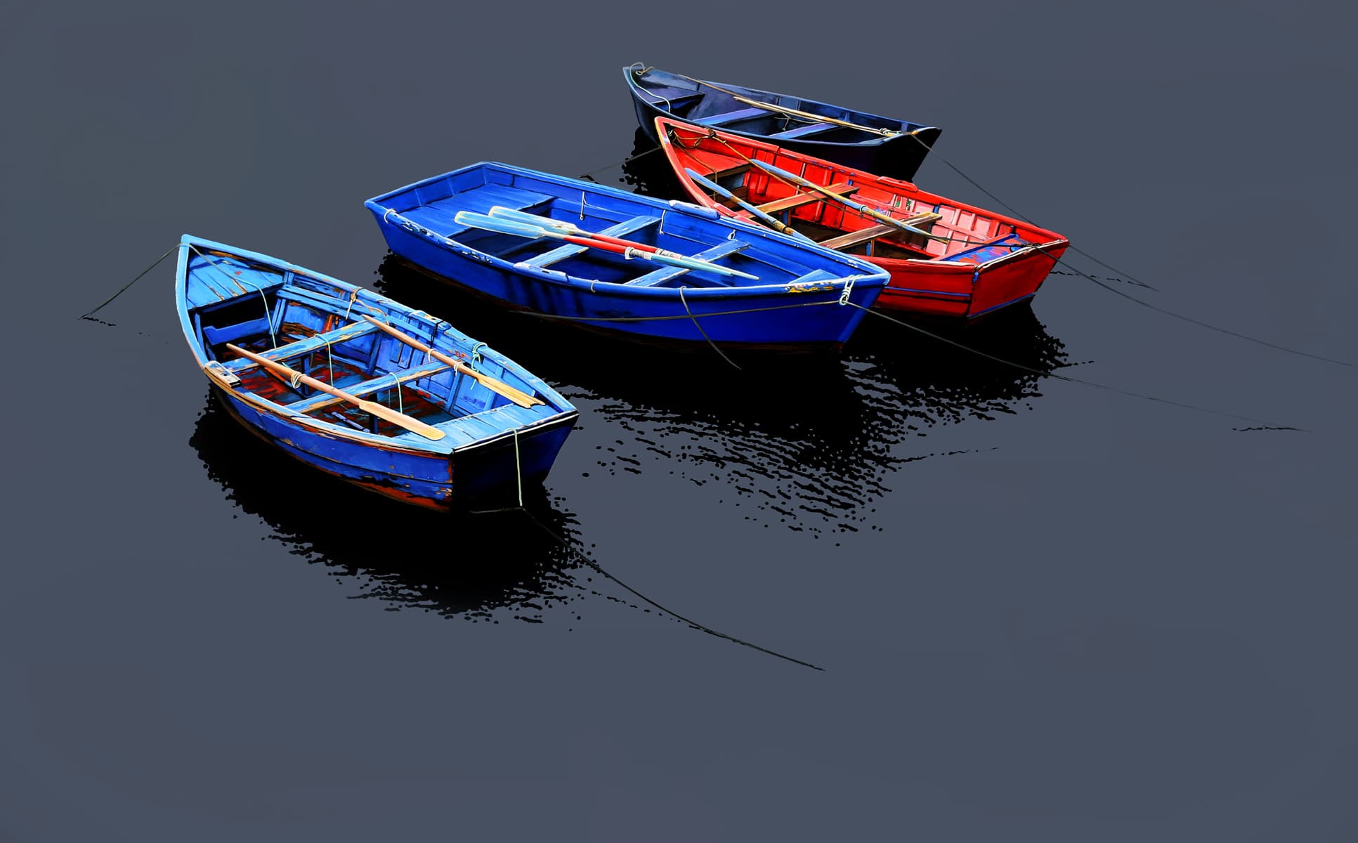 blue, blue, red, and black skiffs
