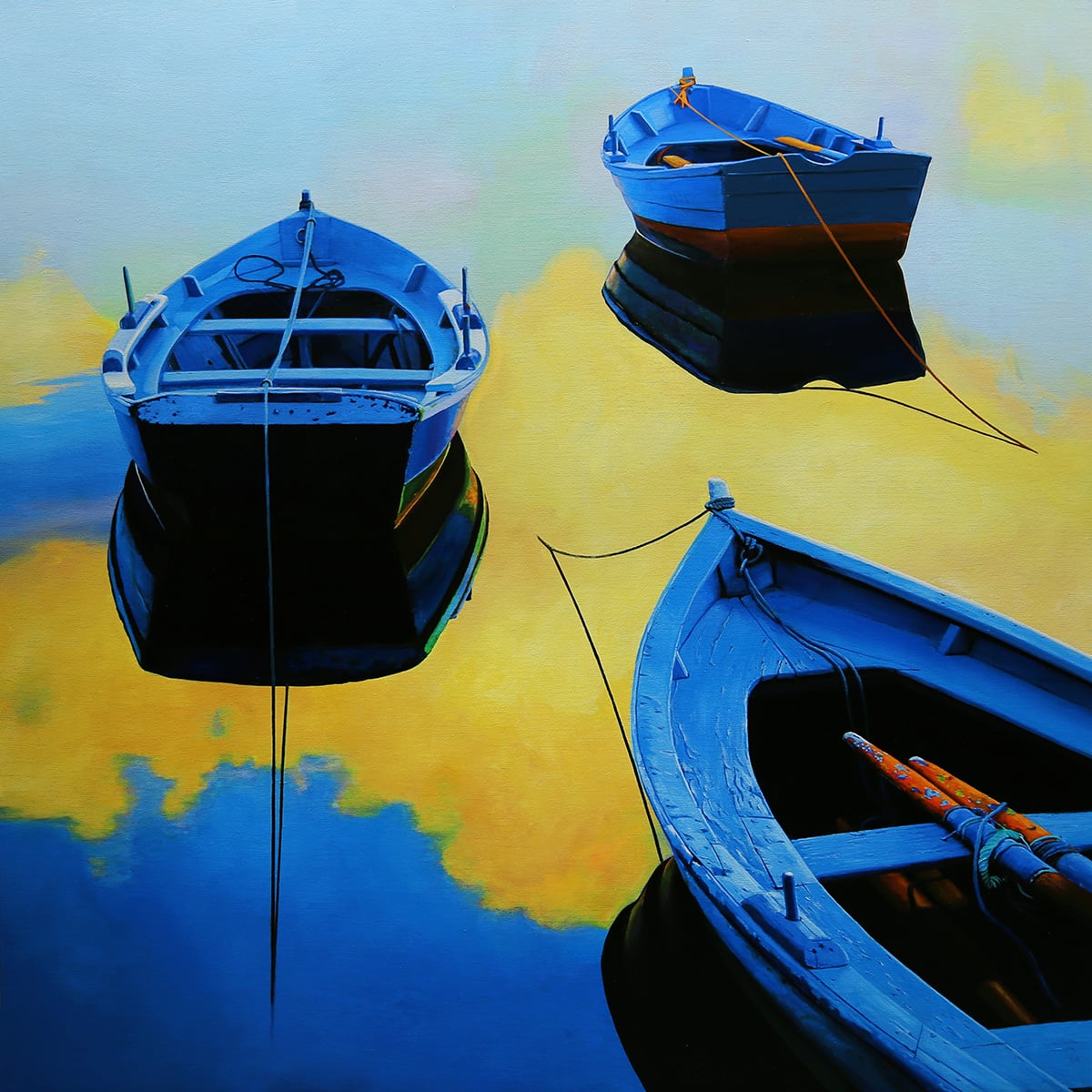below blue boats